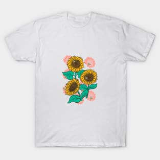 Cheery Sunflowers on Pink with Bees T-Shirt